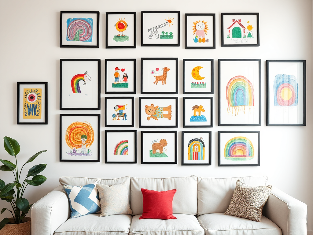 Transform Your White Walls with Your Kids’ Art using Simple Black Frames